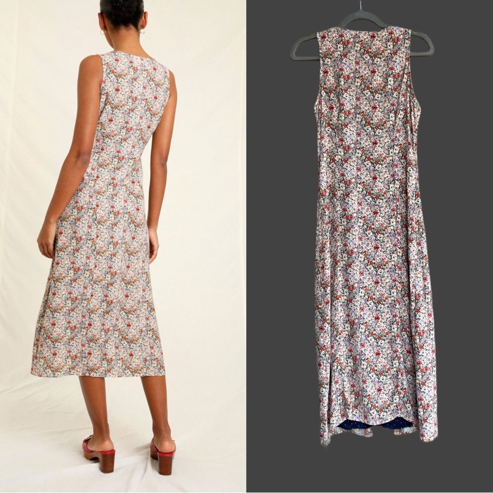 ROUJE Floral Navy Polka Dot Printed Layered Sleeveless Button Down Lorine Dress - Picture 6 of 14